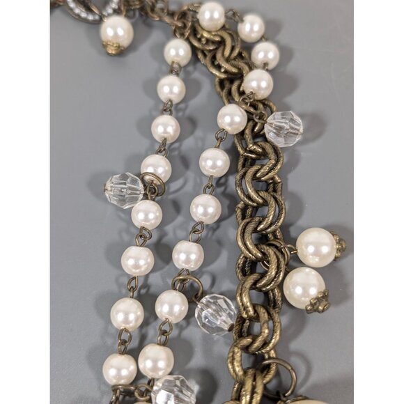 Dark Bronze Tone Faux Pearl Multi Chain Necklace Chunky Statement Bold 17.5" - Picture 6 of 9